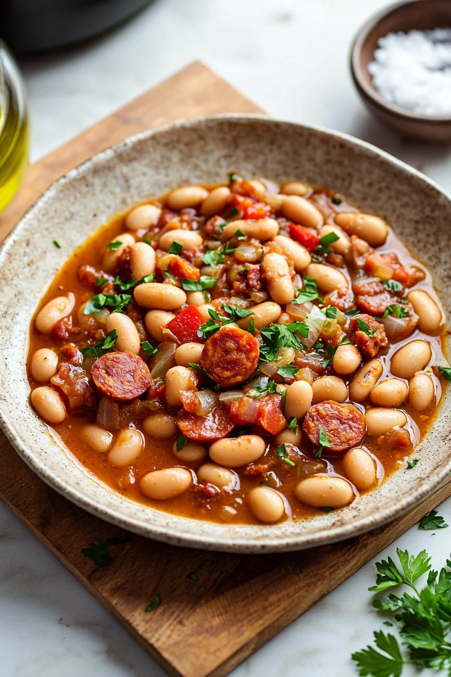 Delicious Smoky Butter Bean & Chorizo Stew in a rustic bowl