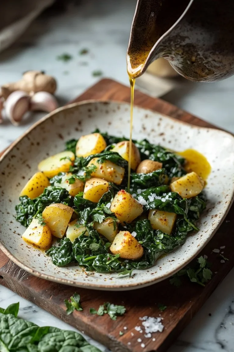 Delicious spinach potatoes dish served on a plate with fresh ingredients.