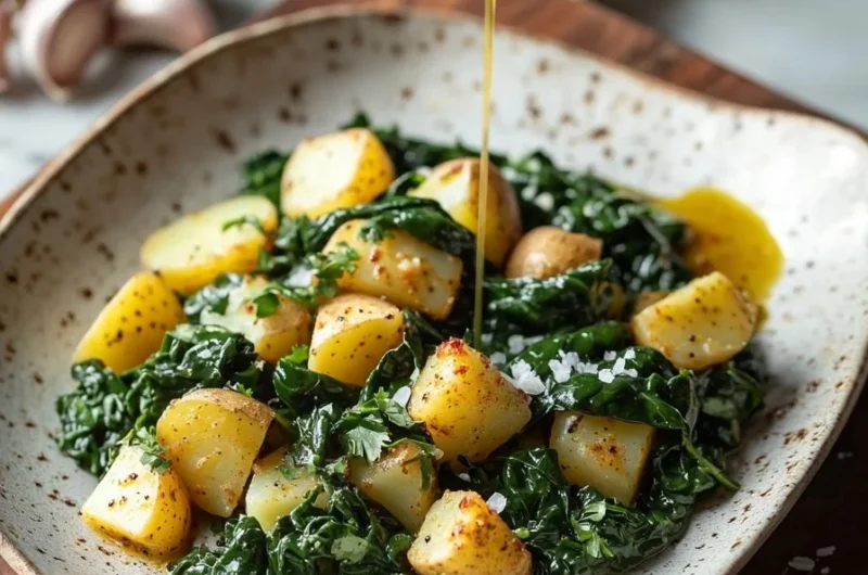 Delicious spinach potatoes dish served on a plate with fresh ingredients.