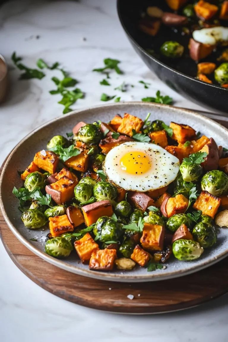 Sweet Potato Brussel Sprout Hash in a skillet, vibrant and healthy one-pan meal