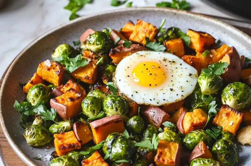 Sweet Potato Brussel Sprout Hash in a skillet, vibrant and healthy one-pan meal