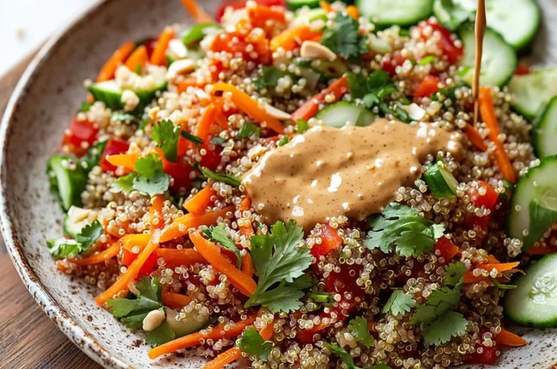 Colorful Thai Quinoa Salad with creamy almond butter dressing garnished with fresh herbs