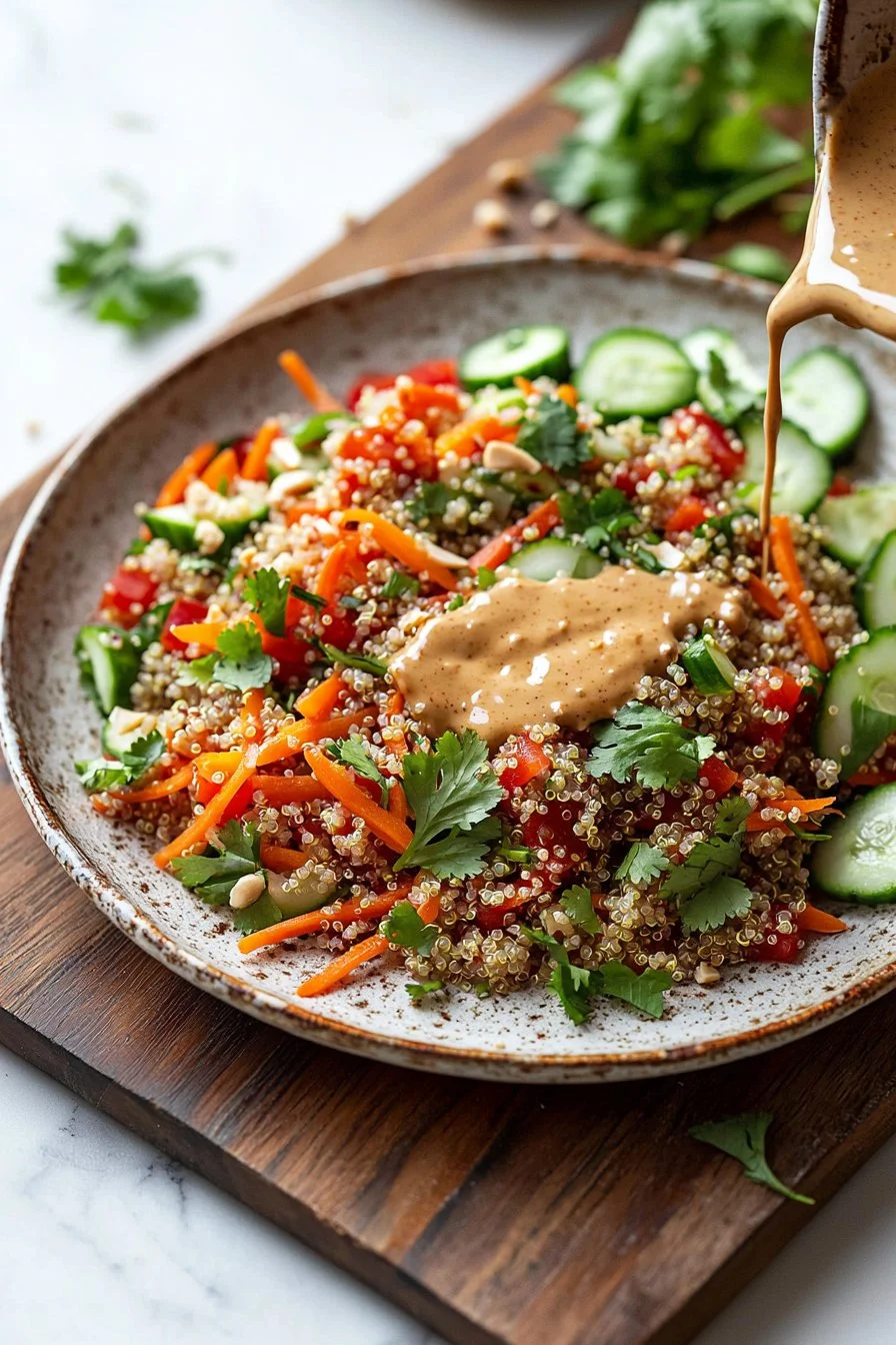 Colorful Thai Quinoa Salad with creamy almond butter dressing garnished with fresh herbs
