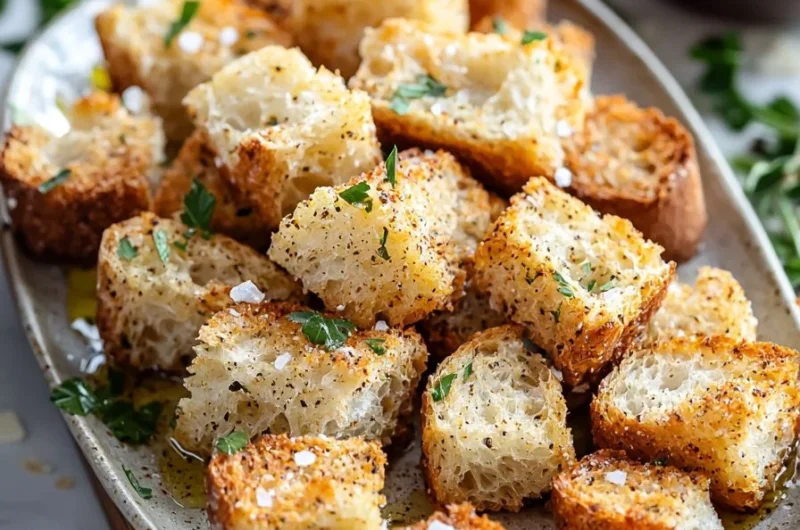 Homemade crispy seasoned croutons in a bowl, ready to enhance your meals