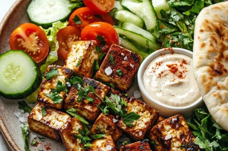 Delicious Tofu Shawarma served with fresh vegetables and sauce