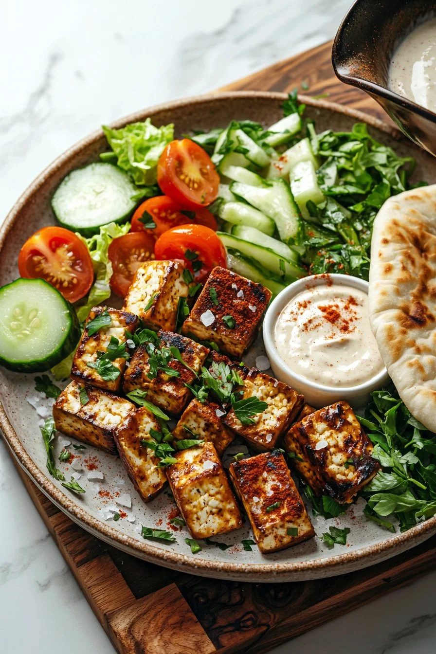 Delicious Tofu Shawarma served with fresh vegetables and sauce