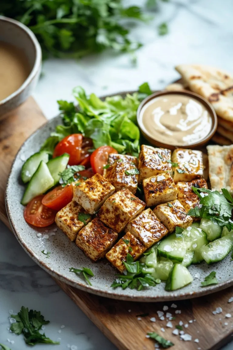 Delicious Tofu Shawarma served with fresh vegetables and pita bread
