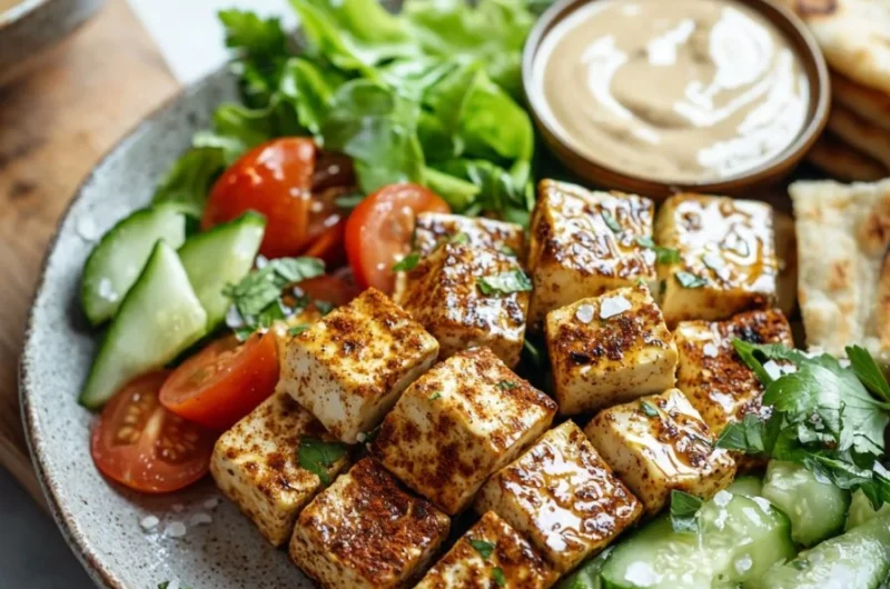 Delicious Tofu Shawarma served with fresh vegetables and pita bread