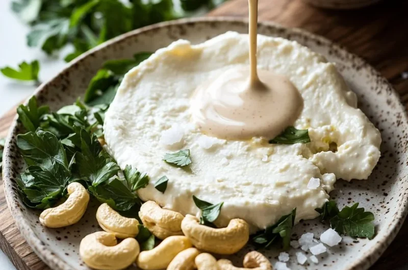 Delicious vegan mozzarella cheese on a pizza with fresh herbs