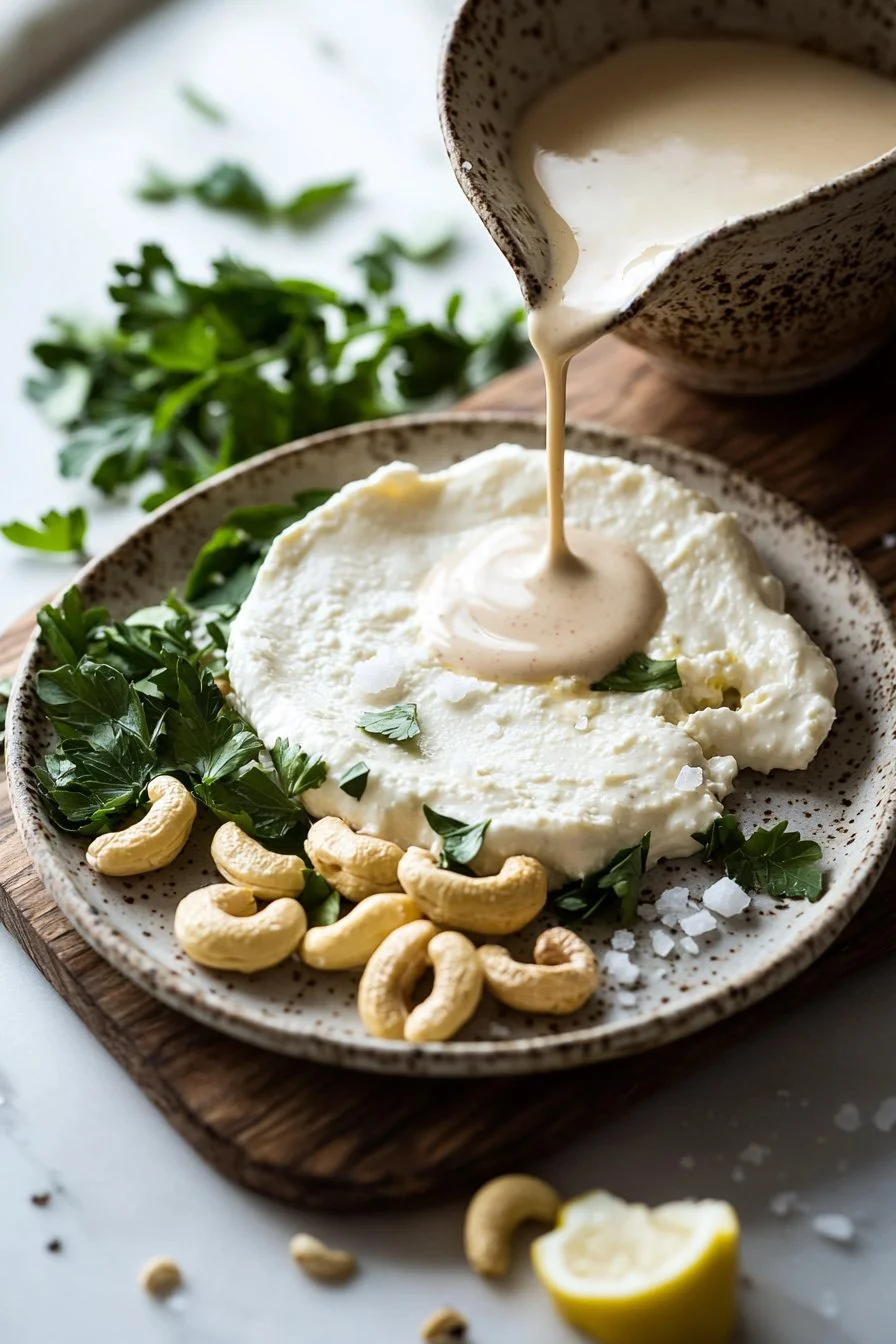 Delicious vegan mozzarella cheese on a pizza with fresh herbs