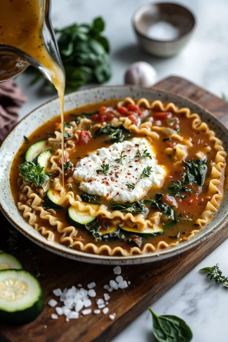 Delicious bowl of vegetarian lasagna soup with fresh veggies and cheese