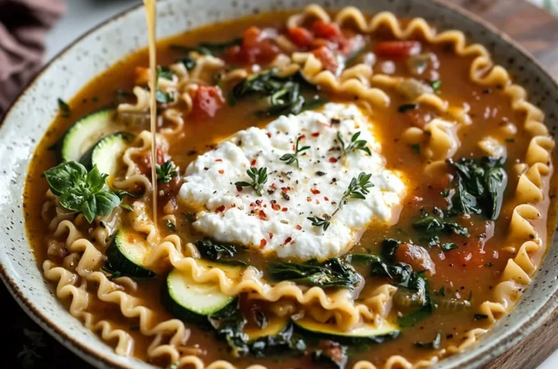Delicious bowl of vegetarian lasagna soup with fresh veggies and cheese