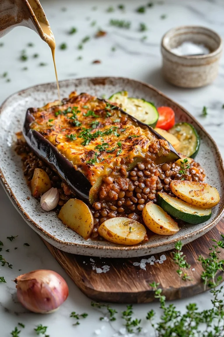 Deliciously baked Vegetarian Moussaka with layers of vegetables and lentils