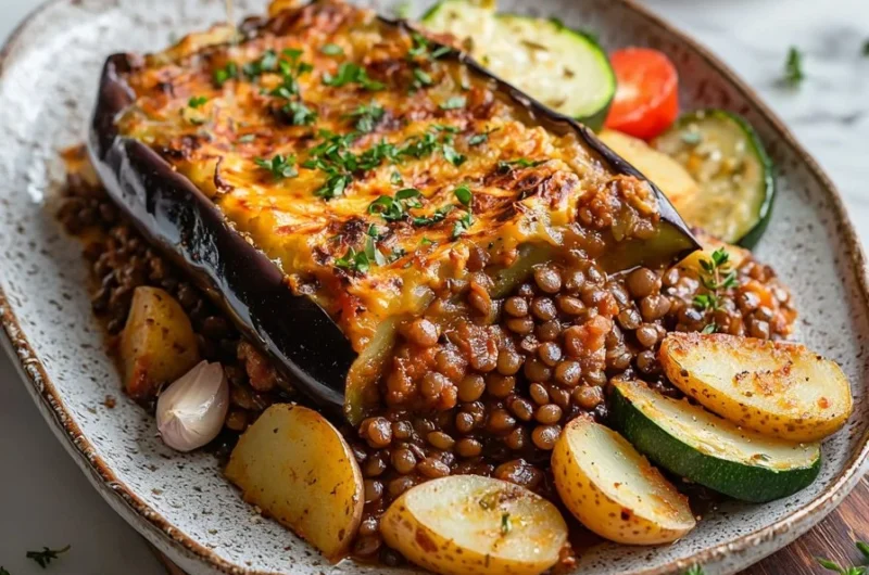 Deliciously baked Vegetarian Moussaka with layers of vegetables and lentils