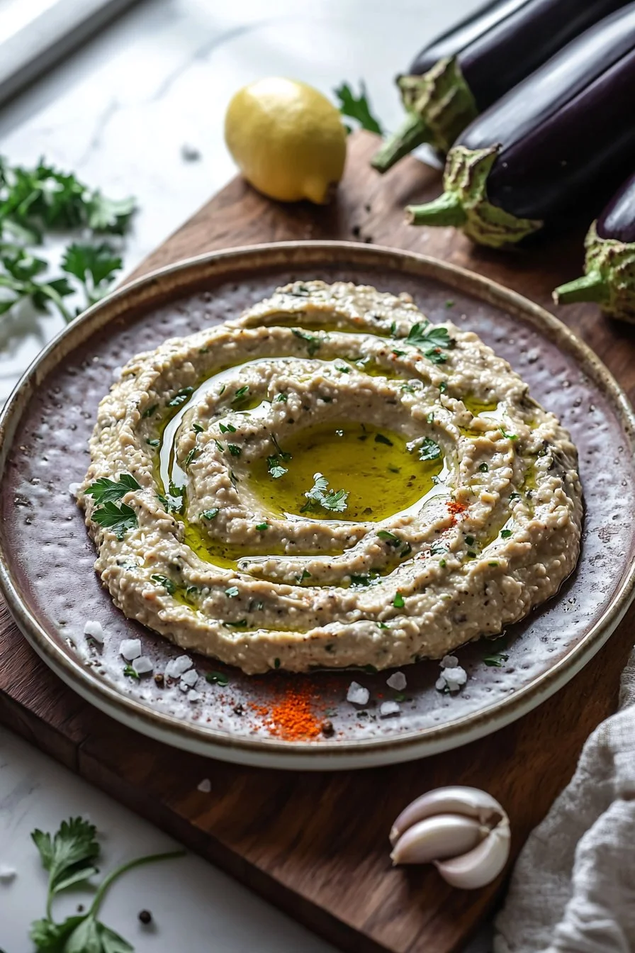 Baba Ganoush without tahini served in a bowl with pita bread