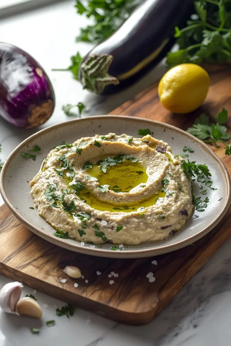 Baba Ganoush dip without tahini served in a bowl with pita bread