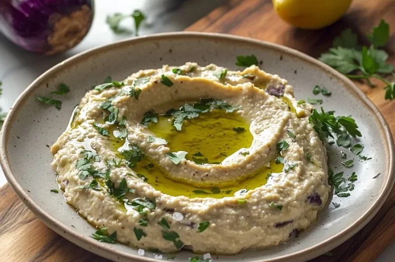 Baba Ganoush dip without tahini served in a bowl with pita bread
