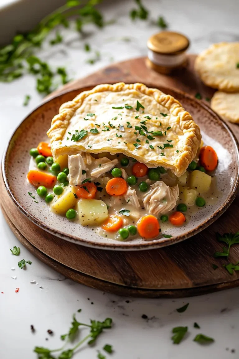 Delicious Crock Pot Chicken Pot Pie served in a bowl with vegetables and crust.