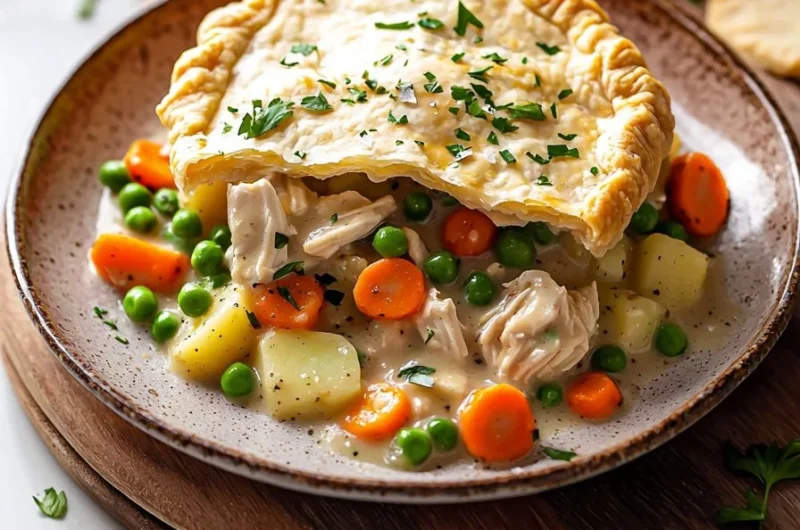 Delicious Crock Pot Chicken Pot Pie served in a bowl with vegetables and crust.