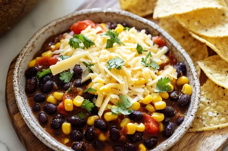 Delicious black bean casserole served in a dish, garnished with fresh herbs.