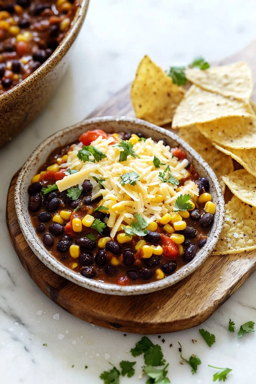 Delicious black bean casserole served in a dish, garnished with fresh herbs.