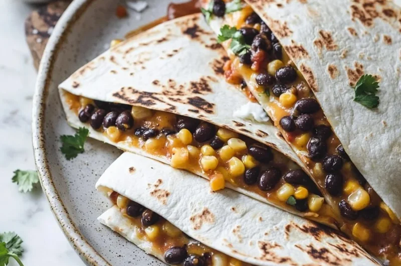 Delicious black bean quesadillas served on a plate with salsa and avocado.