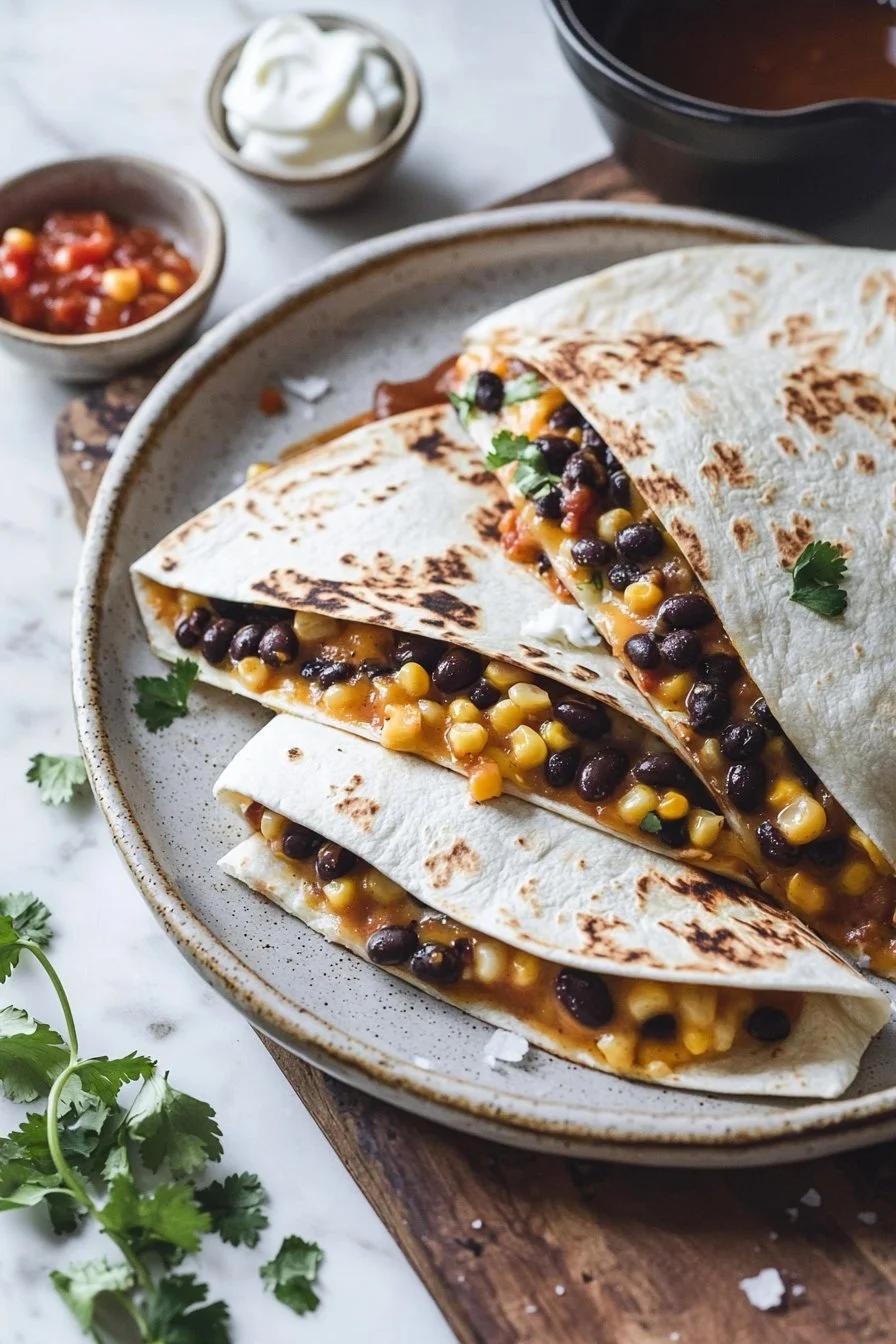 Delicious black bean quesadillas served on a plate with salsa and avocado.