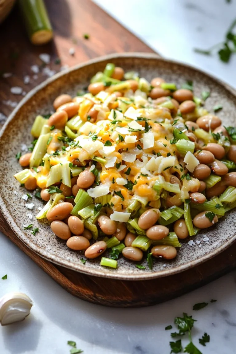 Bowl of cheesy beans and leeks garnished with herbs