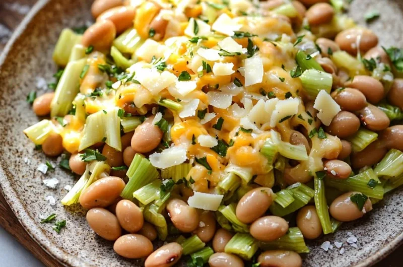 Bowl of cheesy beans and leeks garnished with herbs