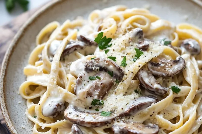 Bowl of creamy mushroom pasta garnished with herbs