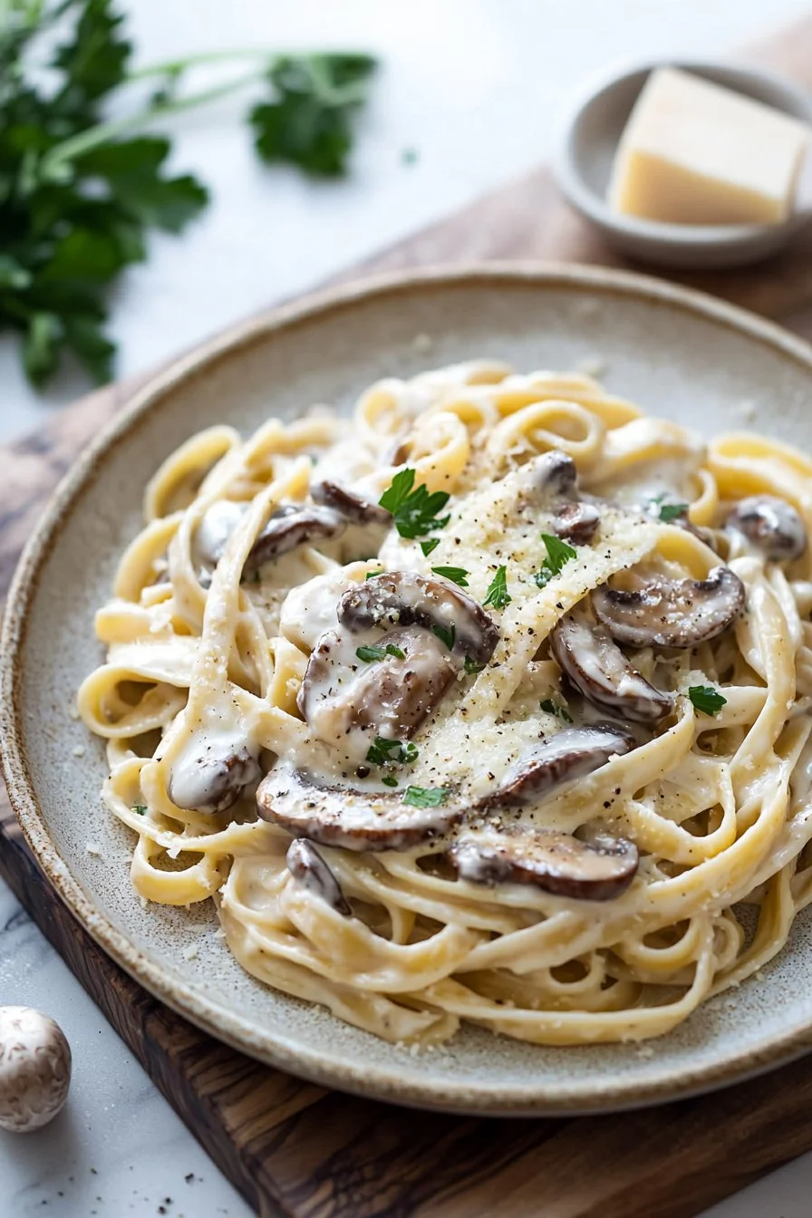 Bowl of creamy mushroom pasta garnished with herbs
