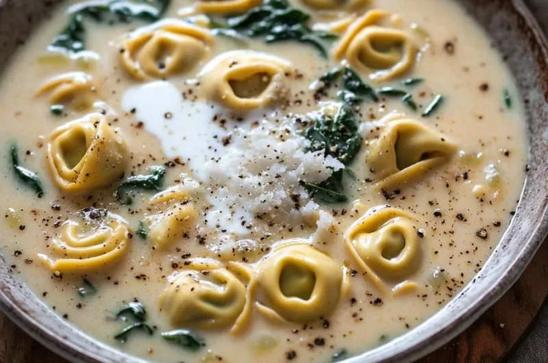 Creamy tortellini soup garnished with herbs in a rustic bowl