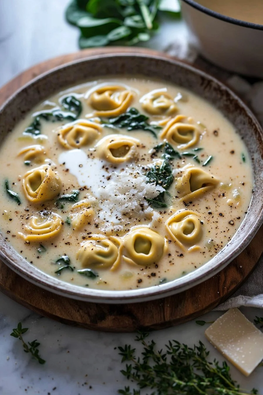Creamy tortellini soup garnished with herbs in a rustic bowl