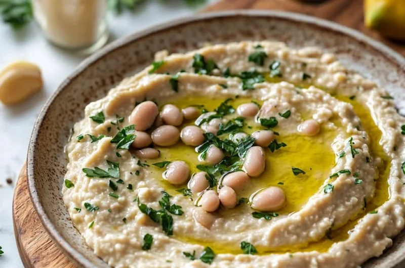 Delicious creamy white bean dip served in a bowl with fresh herbs and crackers.