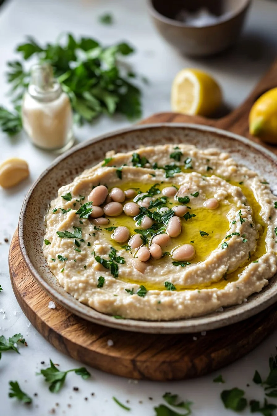 Delicious creamy white bean dip served in a bowl with fresh herbs and crackers.
