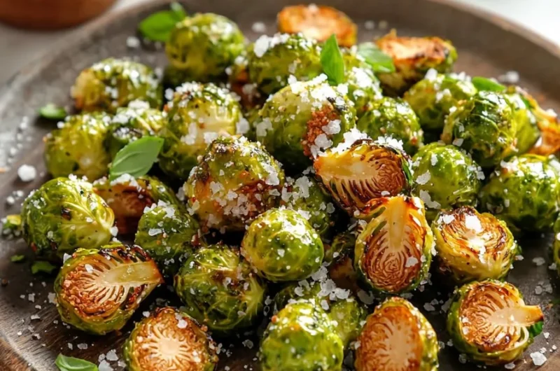Crispy roasted Brussels sprouts from frozen served on a plate