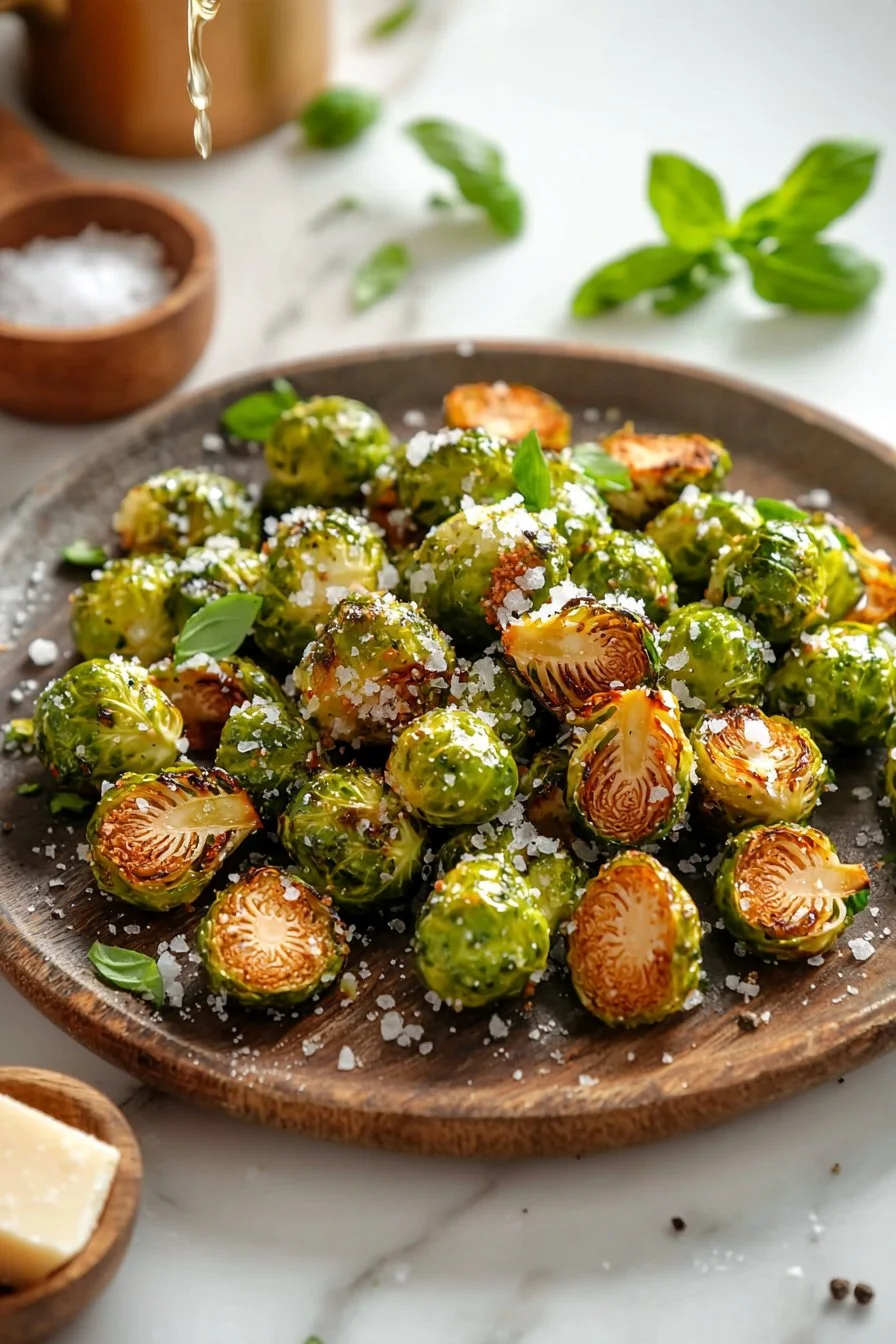 Crispy roasted Brussels sprouts from frozen served on a plate