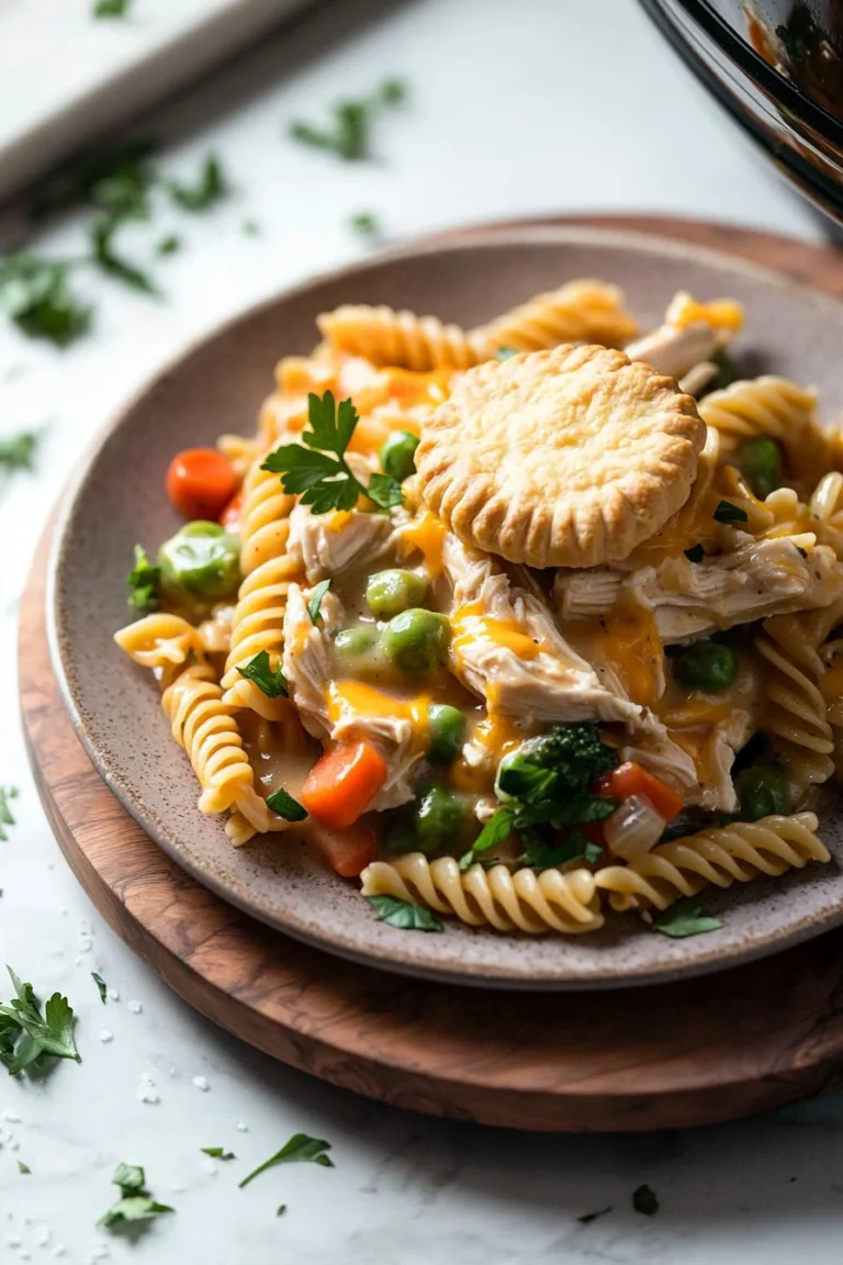 Crock Pot Chicken Pot Pie Pasta served in a bowl with fresh herbs.