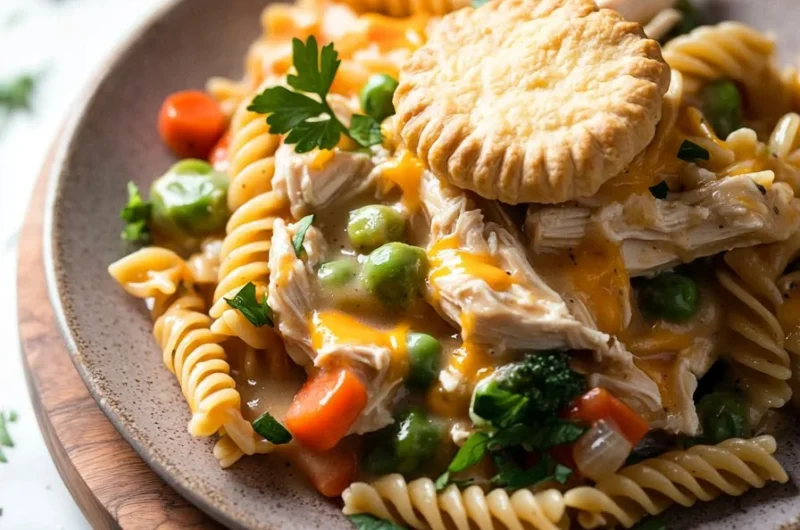 Crock Pot Chicken Pot Pie Pasta served in a bowl with fresh herbs.