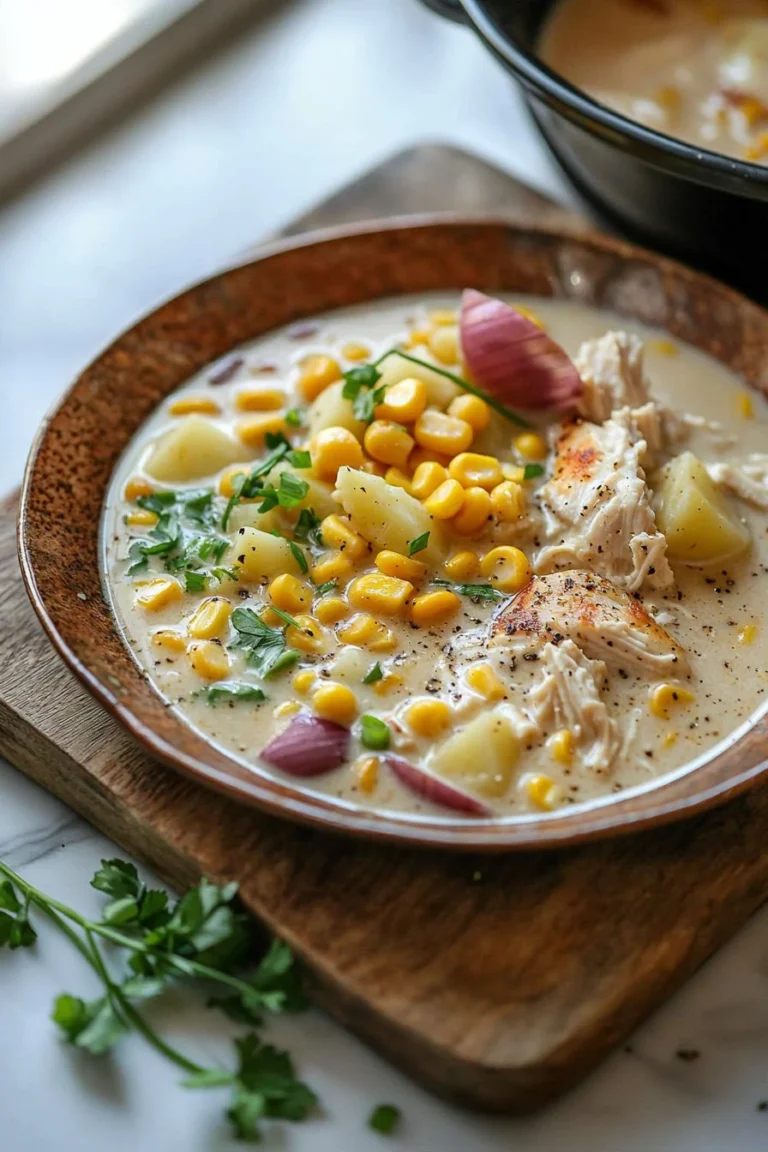 Crockpot chicken corn chowder served in a bowl with fresh herbs