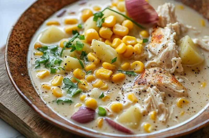 Crockpot chicken corn chowder served in a bowl with fresh herbs