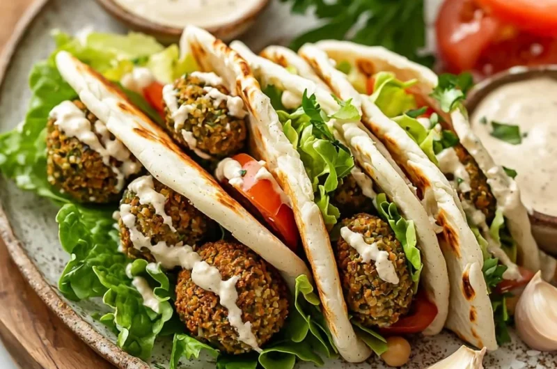 Easy falafel wrap filled with fresh vegetables and hummus on a plate