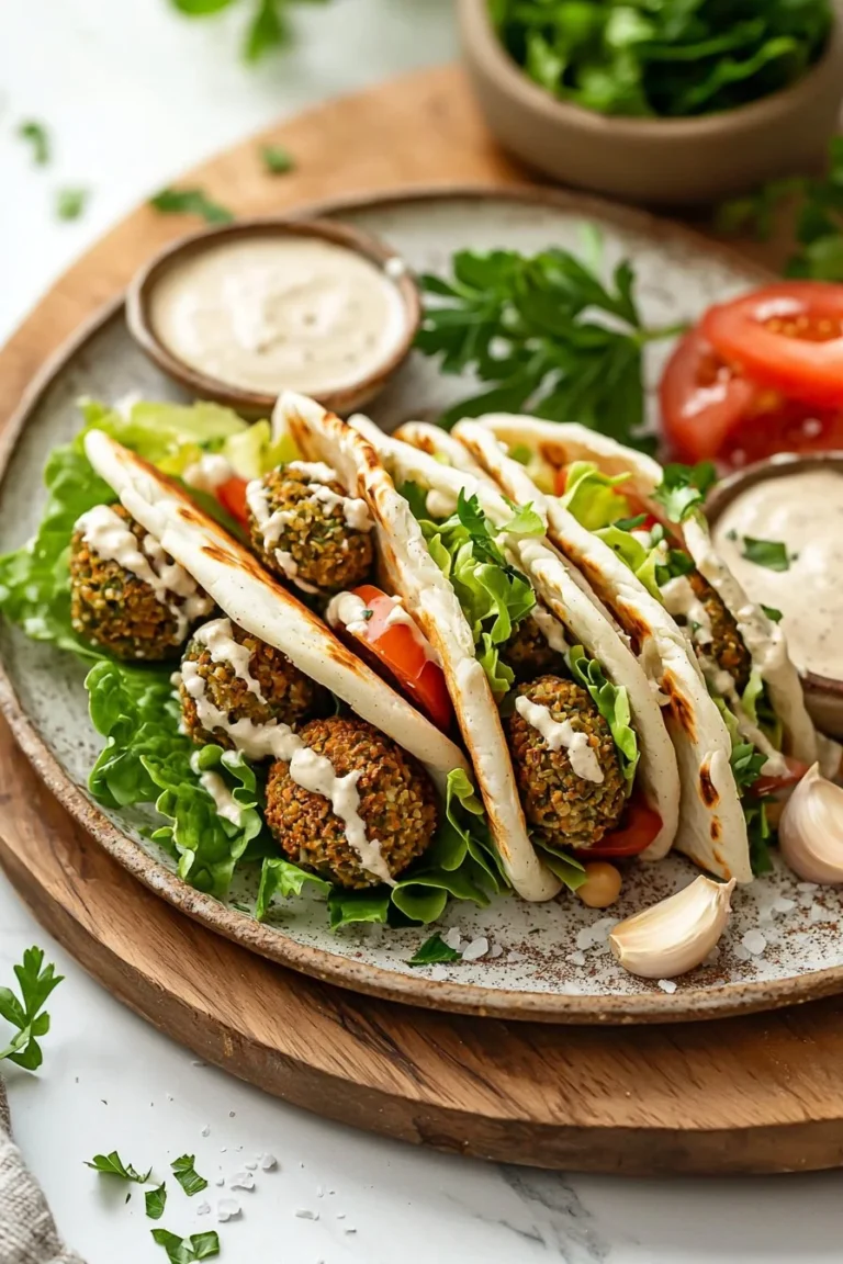 Delicious easy falafel wrap with fresh vegetables and tahini sauce