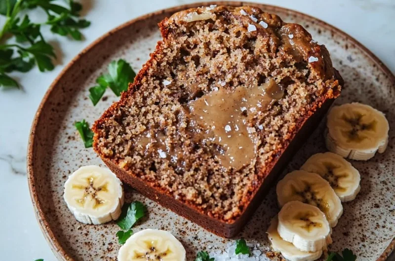 Slice of easy vegan banana bread with ripe bananas and plant-based ingredients