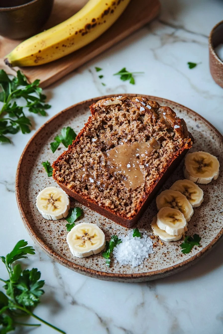 Slice of easy vegan banana bread with ripe bananas and plant-based ingredients
