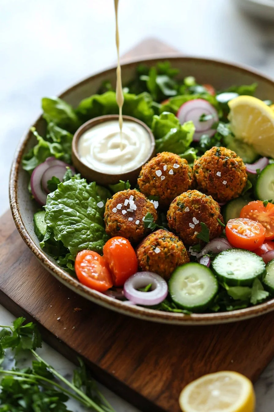Falafel Bliss Salad Bowl featuring fresh ingredients and crispy falafel