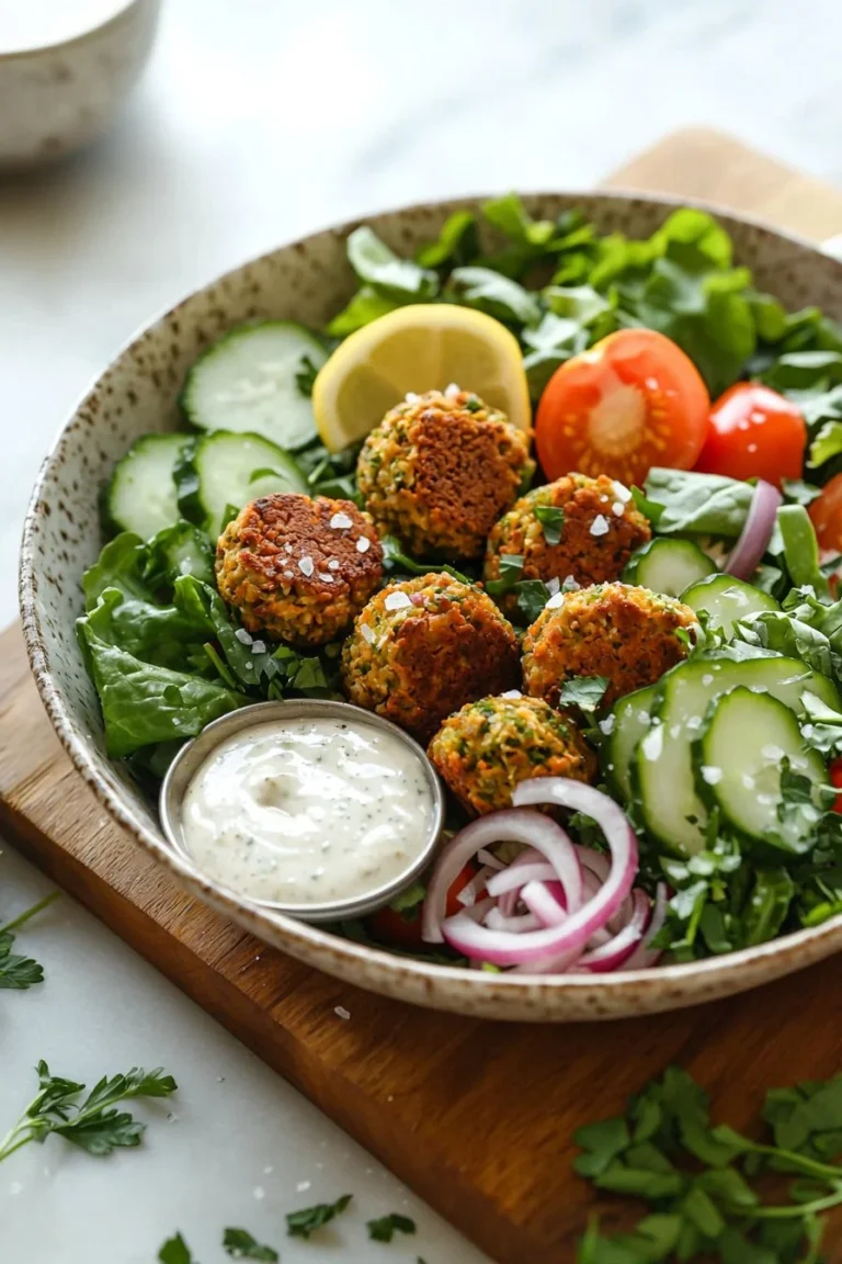 Colorful Falafel Bliss Salad Bowl with fresh ingredients and crispy falafel.