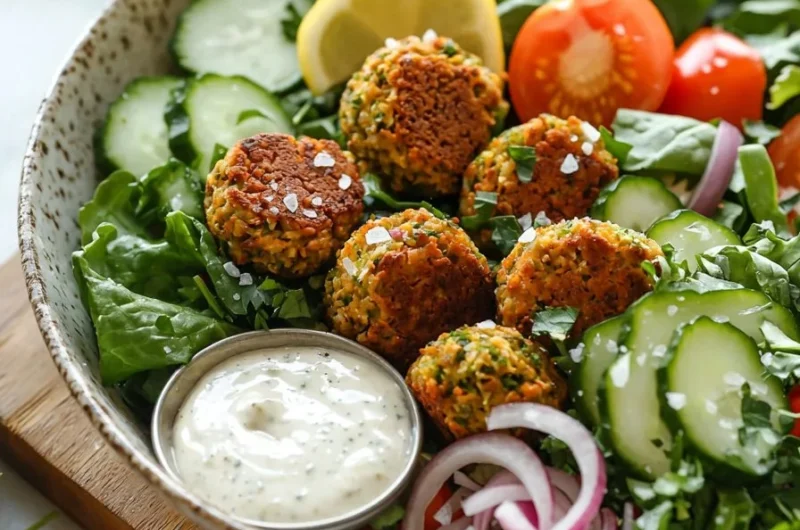 Colorful Falafel Bliss Salad Bowl with fresh ingredients and crispy falafel.
