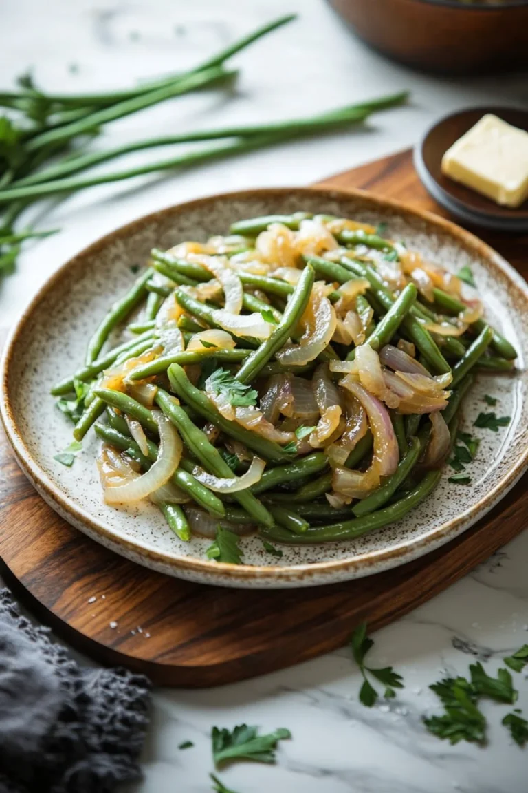 Delicious French Onion Beans served in a bowl, garnished with herbs.