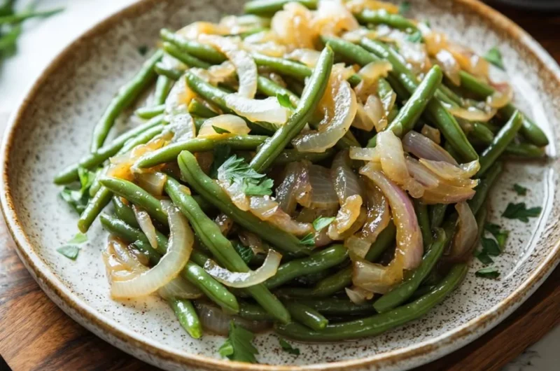 Delicious French Onion Beans served in a bowl, garnished with herbs.
